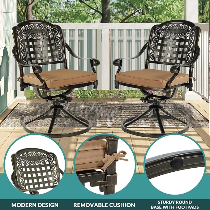 MEETWARM 9-Piece Outdoor Patio Dining Set for 8, All Weather Cast Aluminum Patio Funiture Table and Chairs Set- Large 64" Square Table and 2 Swivel Rocker Chairs, 6 Stationary for Garden, Khaki
