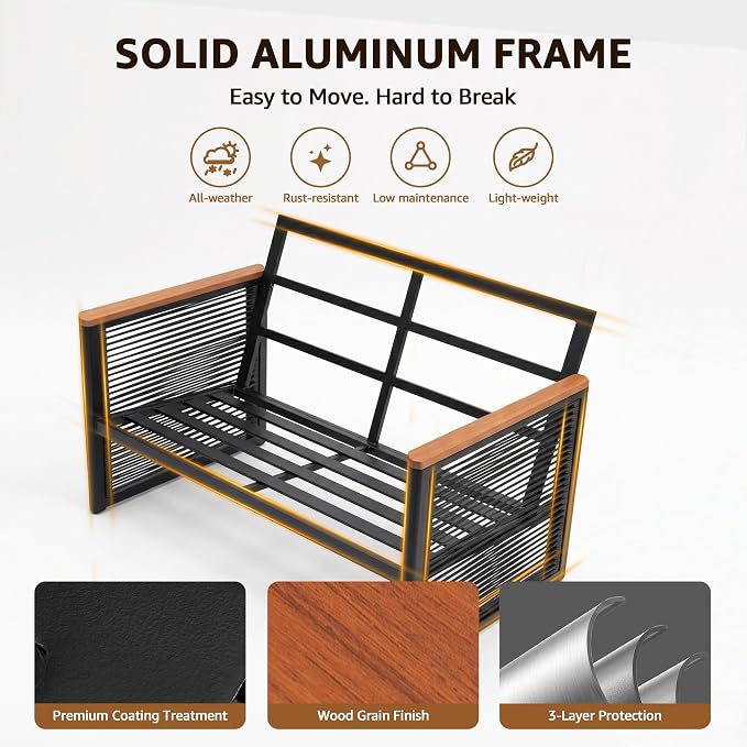 NATURAL EXPRESSIONS Aluminum 3-Piece Patio Bistro Set, Outdoor Furniture Set with 2 Armchairs and 1 Table, Fauxwood Armrest, 6" Olefin Cushion, Rattan Side-armrest for Porch, Yard, Balcony, Deck