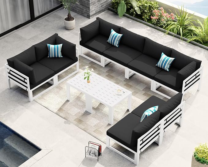 NICESOUL L Shaped Large Modern Aluminum Outdoor Patio Furniture Set, 29" Wide Deep Sitting, Rust Fade Resistant Modular Sectional Sofa, 500 lbs Sturdy Comfy Conversation Set for Backyard Lawn, Black