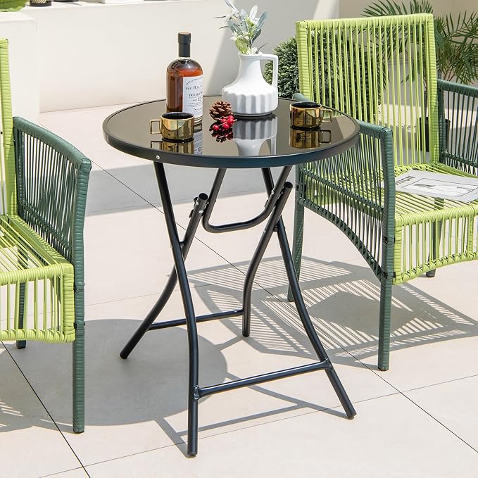 Tangkula 23 Inches Round Folding Table, Outdoor Patio Bistro Table with Tempered Glass Tabletop and Sturdy Metal Frame, Patio Side Table for Porch, Balcony, Deck