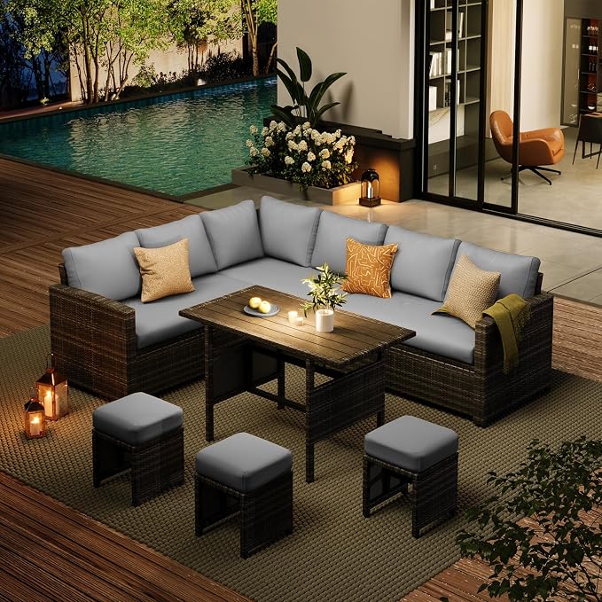 AECOJOY Outdoor Patio Furniture Set with Waterproof Cover, 7 Pieces Clearance Sectional Rattan Dining Table&Chairs, All Weather Wicker Conversation Sofa Couch, Grey Cushions&Grey Rattan
