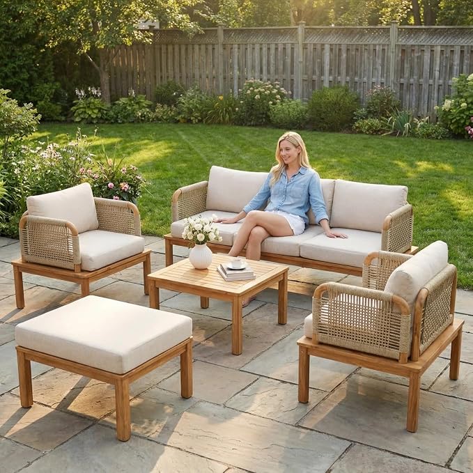 Patio Furniture Set of 5, Outdoor Sectional Furniture with Coffee Table and Ottoman, All-Weather Patio Conversation Set for Backyard, Garden and Poolside (Series A)