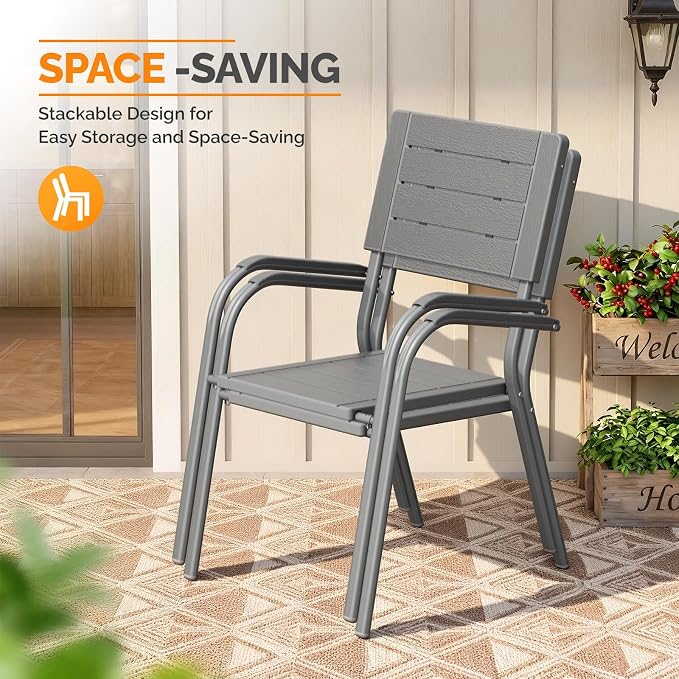 VINGLI Outdoor Patio Dining Chairs, Stackable HDPE All-Weather Arm Chairs, Weatherproof Outdoor Seating for Garden, Backyard, Poolside, Balcony,Grey (4 Pack)