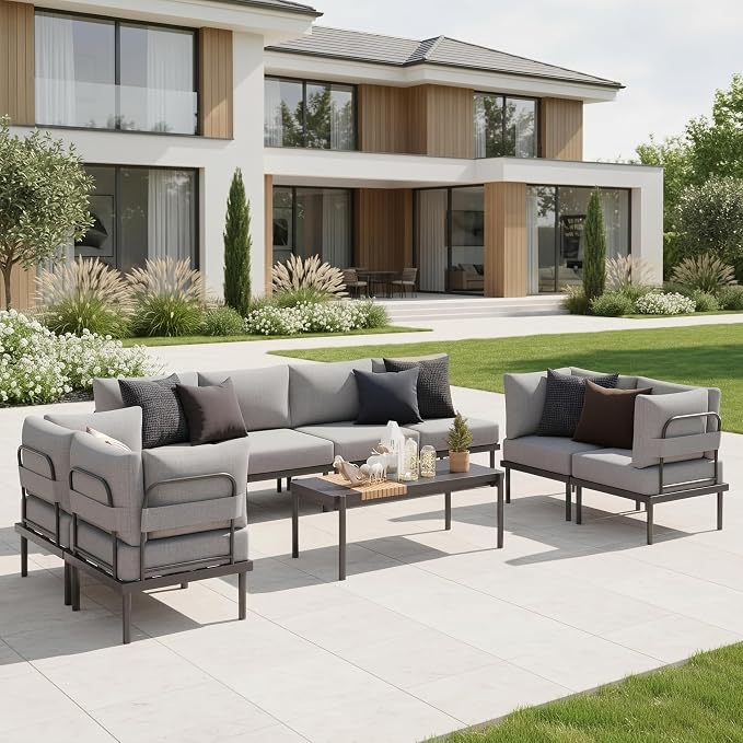 Sundale Outdoor 9 Pieces Patio Furniture Set, U-Shaped Outdoor Sectional Sofa with 6 Inch Olefin Cushion and Coffee Table, Modern Metal Outdoor Conversation Sets for Backyard, Poolside, Sunroom