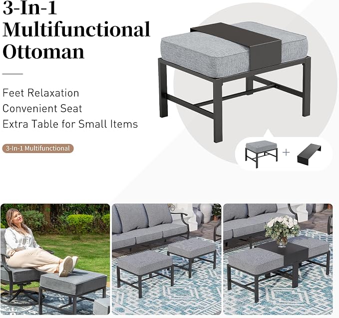 SUNSHINE VALLEY 6 Piece Metal Outdoor Patio Furniture Set, Patio Conversation Set 1 3-seater Sofa, 2 Rocking Chair, 2 Ottomans with 5.75" Thick Cushion and Coffee Table, Black Backyard Furniture, Gray