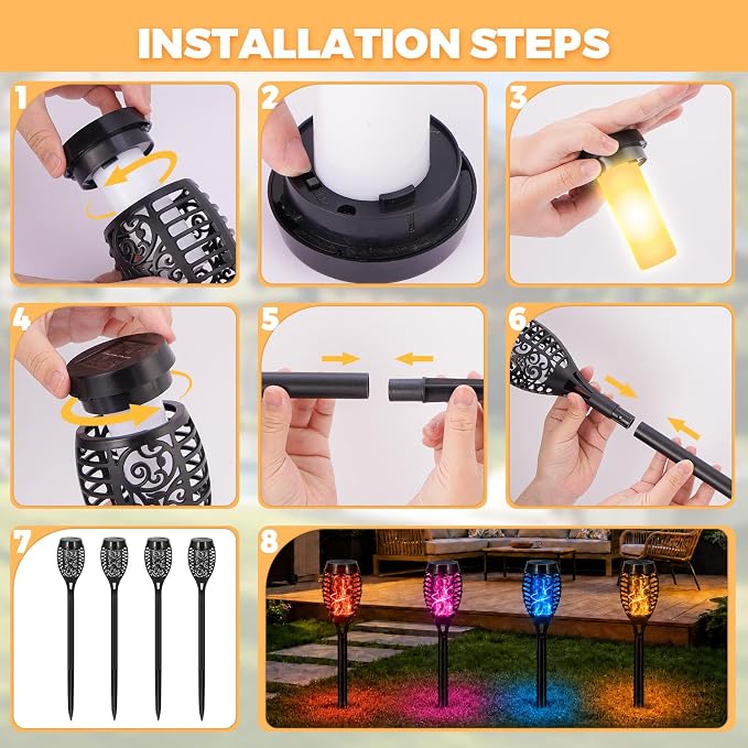 8 Pack Solar Lights Outdoor, Multicolor Flickering Flame Torches | Multicolor Flickering Flame, Long Nighttime Glow, Auto-On at Dusk, IP65 Weather-Resistant, Tool-Free Ground Setup
