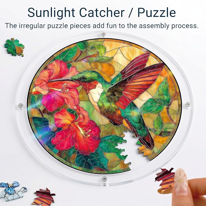 Acrylic Jigsaw Puzzle Suncatcher-Violet Garden Grace, Stained Glass Window Hanging, Home Decor Creative Mom Gifts, Birthday Gifts for Women,Wife, Sisters, Aunt, Besties 7.4in (Hummingbird)