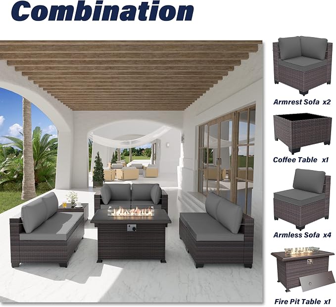 Kurapika 8 Pieces Patio Furniture Set, Rattan Wicker Outdoor Conversation Sets w/43in Propane Fire Pit Table and 4 Inch Cushion(Grey)