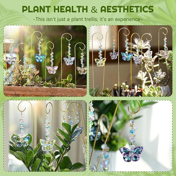 6 Pcs Colorful Butterfly Crystal Suncatcher Garden Plant Stake Plant Stake | Crystal Butterfly Garden Stakes Plant Suncatcher with Golden Trellis Indoor Outdoor Garden Sun Catchers Decor
