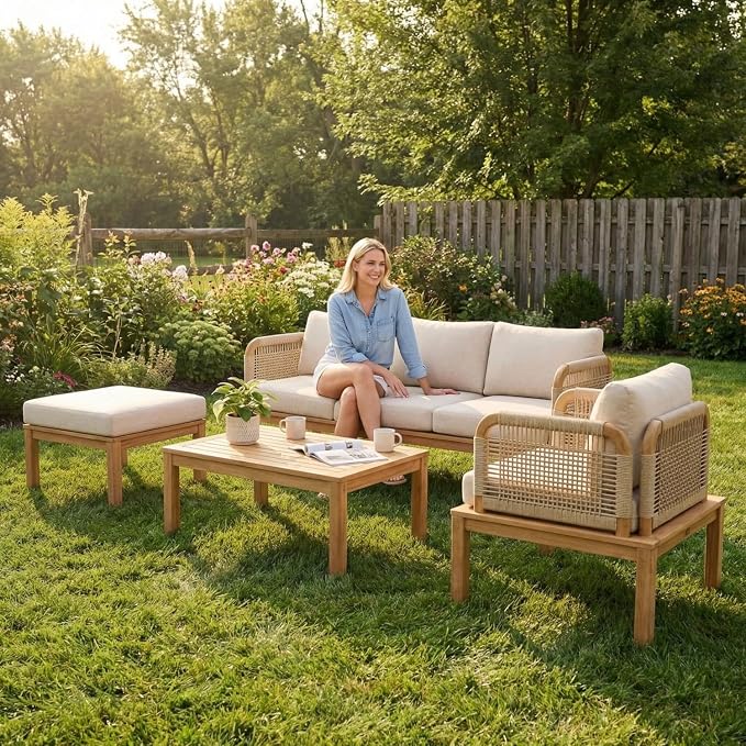Patio Furniture Set of 4, Outdoor Sectional Furniture with Coffee Table and Ottoman, All-Weather Patio Conversation Set for Backyard, Garden and Poolside (Series A)