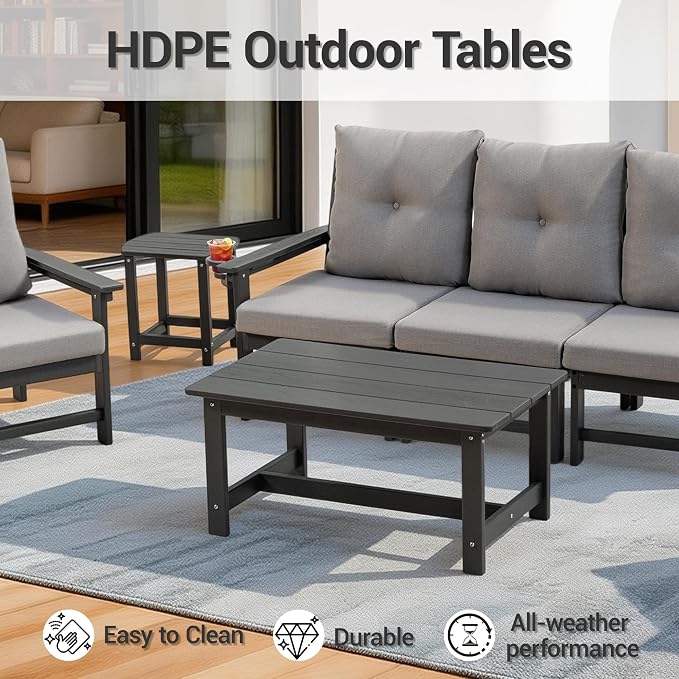 7-Piece HDPE Patio Conversation Set w/ 4 Cup Holders, All-Weather Outdoor Sectional Furniture, Thick Washable Cushions, Coffee Table & Side Table for Backyard Porch Poolside, Grey