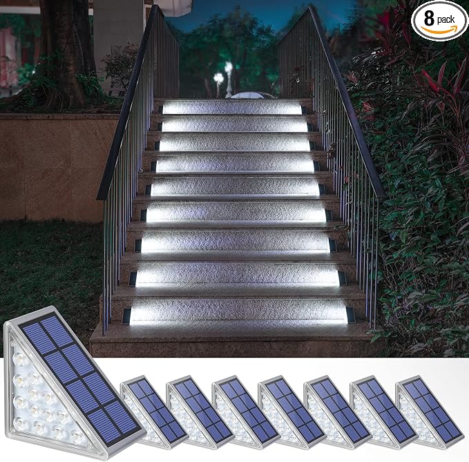 Solar Step Lights,8 Pack Cool White Solar Stair Lights Outdoor Waterproof IP67 Auto On Off,Solar Lights for Steps,Stair,Patio,Yard,Porch,Front Door,Sidewalk,Deck Decor