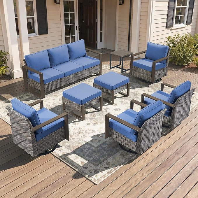 8-Piece Outdoor Patio Furniture Set with 4 Swivel Chairs, All-Weather Wicker Sofa Set for Garden, Yard, Porch and Poolside Seating, Grey/Blue