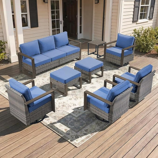 8-Piece Outdoor Patio Furniture Set with 4 Swivel Chairs, All-Weather Wicker Sofa Set for Garden, Yard, Porch and Poolside Seating, Grey/Blue