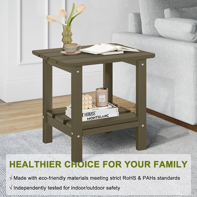 Adirondack Outdoor Side Table, 2-Tier Small Patio End Table, Weather Resistant HDPE Outdoor End Tables for Garden, Lawn, Pool, Beach, Porch, Deck, Backyard - Square, Light Brown