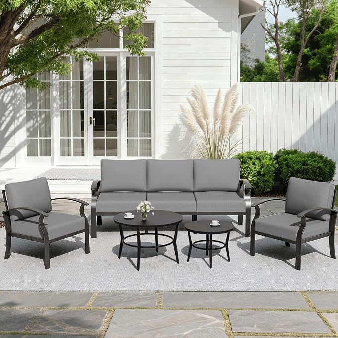 ALAULM Aluminum Patio Furniture Set with Round Coffee Tables, 5-seat Outdoor Sectional Furniture w/5.1" Cushions, Patio Conversation Set for Porch, Backyard, Poolside-Grey