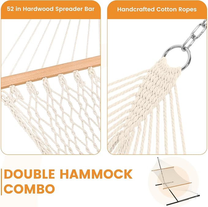 Lazy Daze Hammocks Rope Hammock with Pad, Spreader Bar, Carabiners, Tree Straps, Chains for Outside Patio- Max 450 Lbs, Ocean Stripes