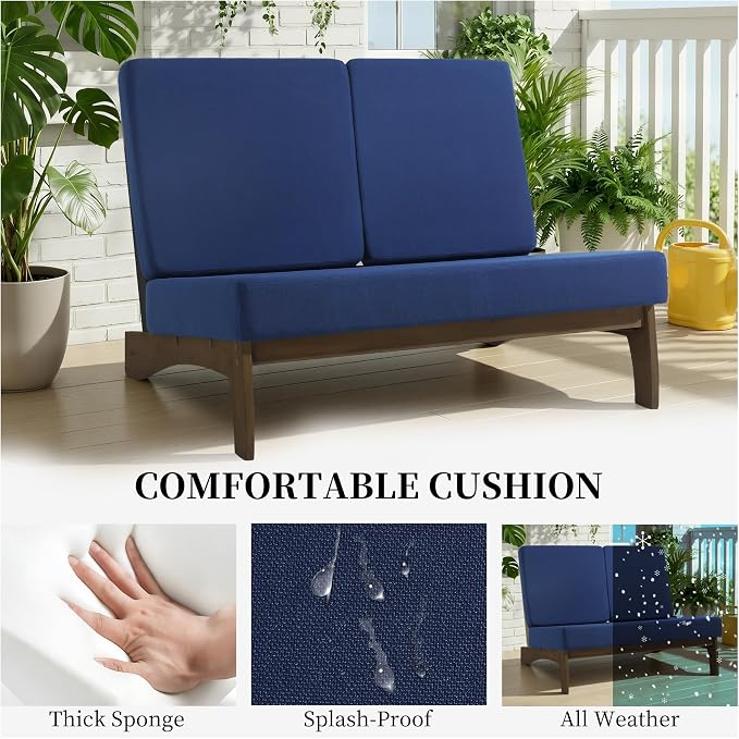Outdoor Furniture Patio Couch, Weather Resistant Patio Loveseat Sofa Couch with Removable Cushion & Pillows, Teak Wood Frame for Porch & Backyard Seating - Navy