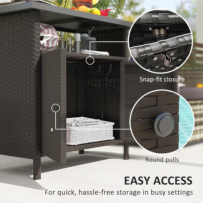 Outsunny Wicker Outdoor Storage Cabinet, Rattan Bar Table with 2 Doors and Shelf, Buffet Sideboard with Metal Slatted Countertop for Poolside, Patio, Backyard, Dark Coffee