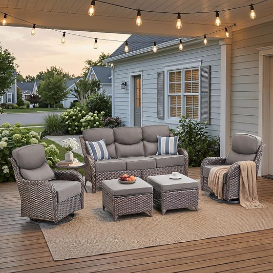Luxury High Back Patio Furniture Set with 6-Inch Thick Cushions, 6-Pieces Outdoor Furniture with Swivel Chairs &Side Table, Wicker Conversation Set for Porch, Balcony, Deck and Yard, Brown/Grey