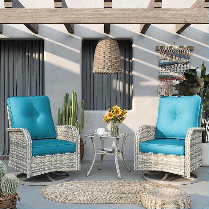 6-Piece Patio Rocking Swivel Chair Outdoor Wicker Rattan Bistro Set with Tempered Glass Side Table, Outdoor Patio Furniture Set for Garden, Deck, and Balcony, Turquoise