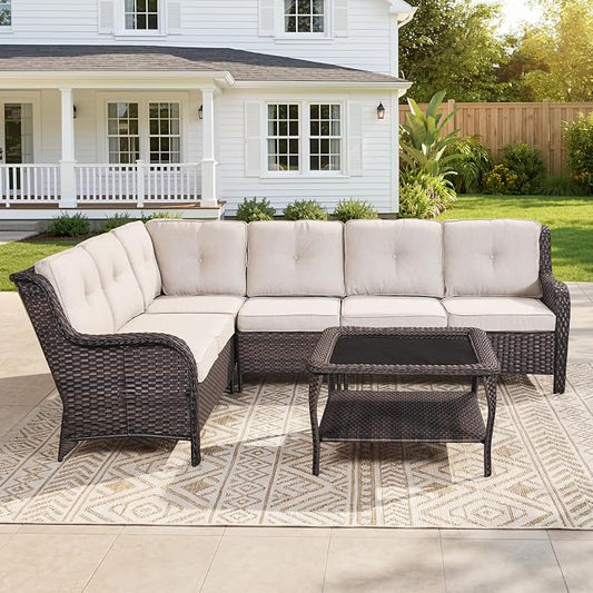 Belord Patio Furniture Set 6 Seats, Oversized Outdoor Sectional Couch, Two 3-Seater Sofas with Coffee Table, Patio Conversation Sets,Ideal for Porch, Deck, Brown Wicker/Beige