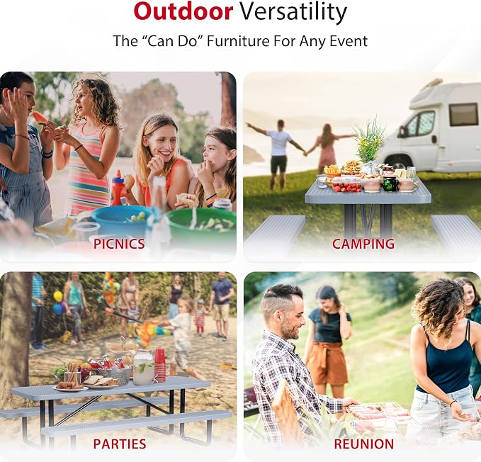 Leisure Craft Metal Picnic Table with Bench - 8 ft Rectangle Outdoor Dining Table for 8, Umbrella Hole, Weatherproof Heavy Duty Thermoplastic Coating, Commercial Grade Furniture Made in USA - Gray