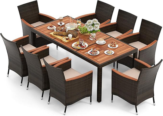 Tangkula 9 Pieces Outdoor Dining Set - Patio Wicker Furniture with Acacia Wood Table Top, Rattan Dining Table Chairs Perfect for Outdoor and Indoor