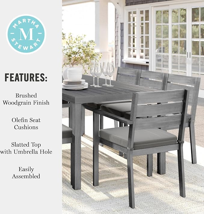 Martha Stewart Bedford 71" Indoor-Outdoor Aluminum Patio Table with Umbrella Hole and Brushed Woodgrain Finish in Gray