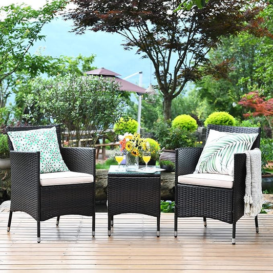 Tangkula Patio Furniture Set 3 Piece, Outdoor Wicker Rattan Conversation Set with Coffee Table, Chairs & Thick Cushions, Suitable for Patio Garden Lawn Backyard Pool (Off-White)