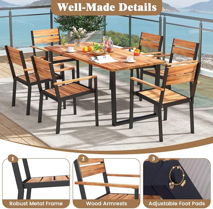 COSTWAY Outdoor Dining Set for 6, 63’’ x 32’’ Acacia Wood & Metal Patio Dining Table with 2'' Umbrella Hole, 6 Stackable Chairs, Ergonomic Armrests, 7 Pieces Dining Set for Backyard, Deck, Patio