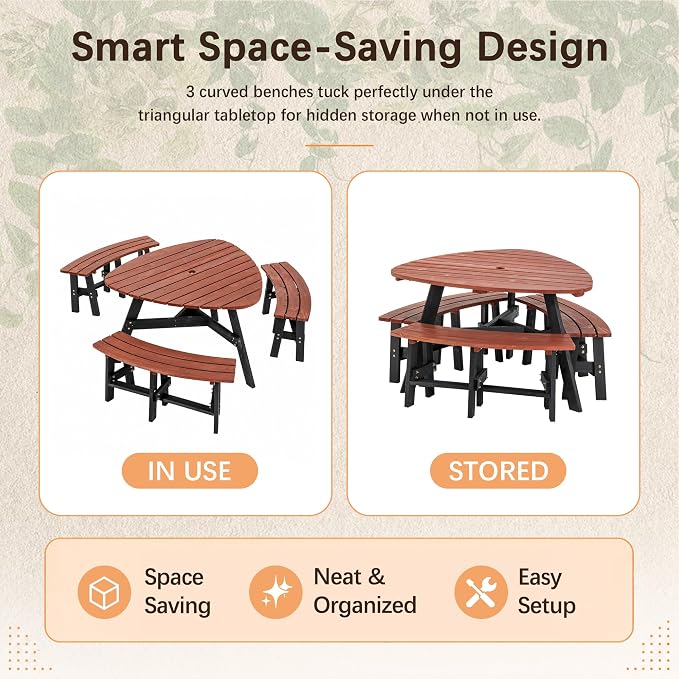 Thanaddo Wood Picnic Table, 43” Tabletop with Umbrella Hole, 3-6 Person Outdoor Wooden Picnic Table Bench Set for Patio, BBQ, Dining, Brown