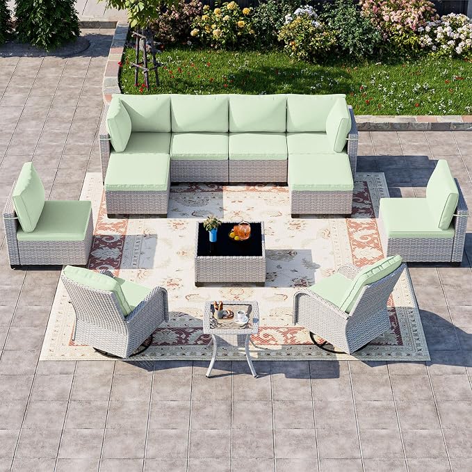 12-Piece Patio Furniture Set, Outdoor Patio Furniture with Swivel Chairs Set, Ottomans, Modular Patio Sofa, Dual-Strand Rattan, Rust-Resistant Frame, Light Green