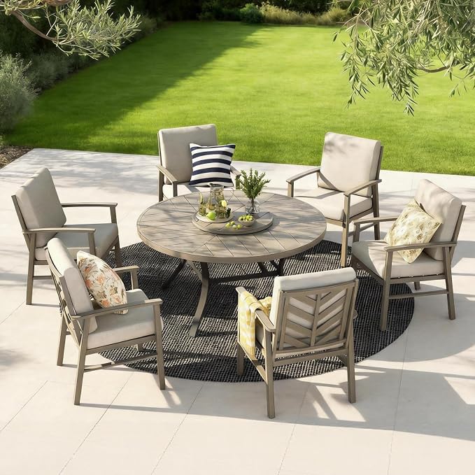 PEAK HOME FURNISHINGS Outdoor Aluminum Dining Set, 60" Round Dining Table with 6 Dining Chairs