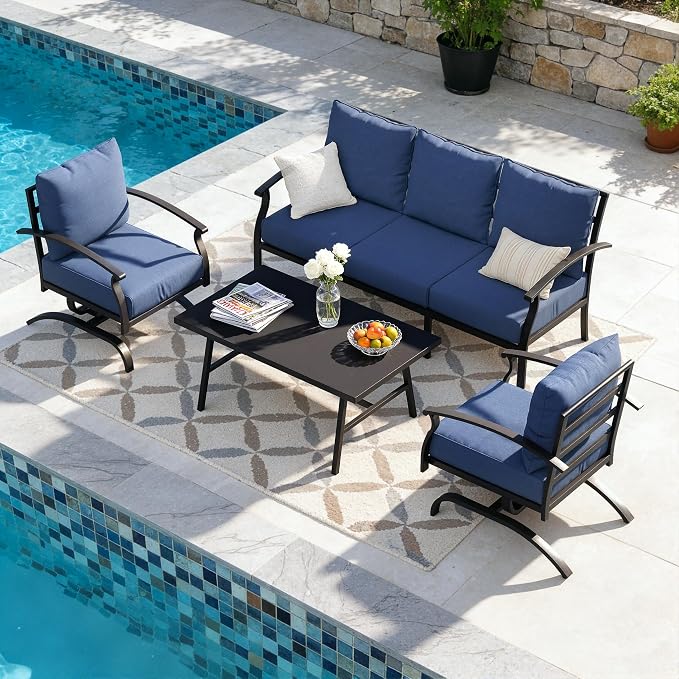 Kullavik Patio Furniture Set,4 Piece Metal Outdoor Patio Furniture Set,All Weather Modern Patio Conversation Sets w/3 Seater Sofa,2 Single Sofas and Coffee Table for Balcony Deck,NavyBlue