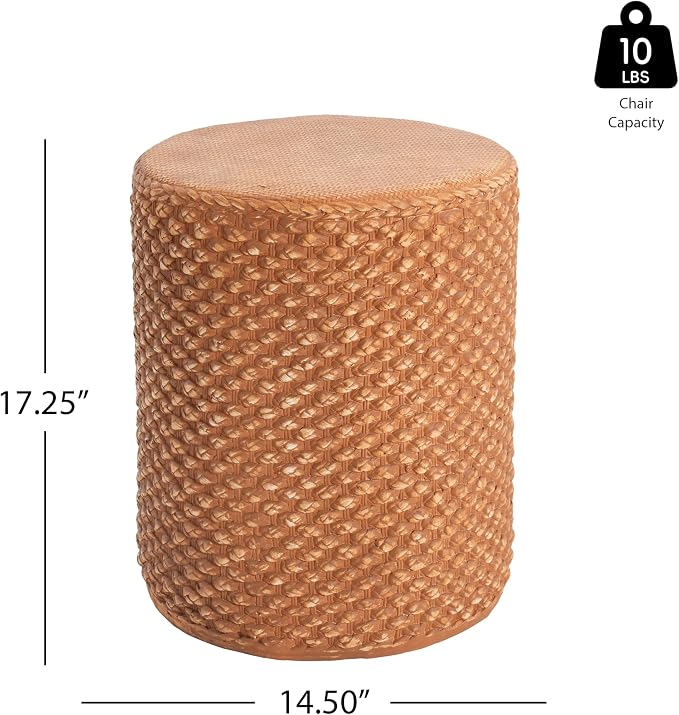 Christopher Knight Home Nataly 17.25" H Small Outdoor Side Table, Cylinder Shaped Carved Garden Stool, Lightweight Concrete End Table, Patio Decorative Home Stool for Balcony Poolside Backyard, Brown