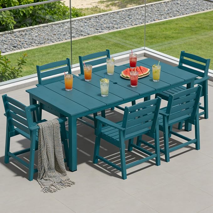 PLUUV 7-Piece Outdoor Patio Dining Set, All-Weather HDPE Dining Furniture Set with Umbrella Hole Cut-Out Table, Aluminum Table Legs, 6 Chairs, Waterproof & Easy Clean for Backyard, Garden, Navy Blue
