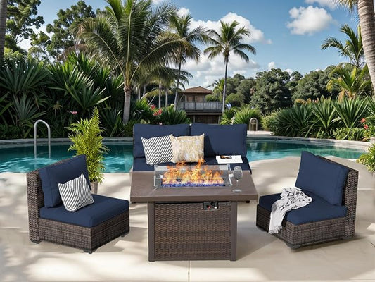 Grezone 5 Piece Patio Furniture Set with 44" Fire Pit Table, Outdoor Sectional Couch, PE Rattan Patio Conversation Sets with 4inch Cushions for Backyard Deep Blue (NY)