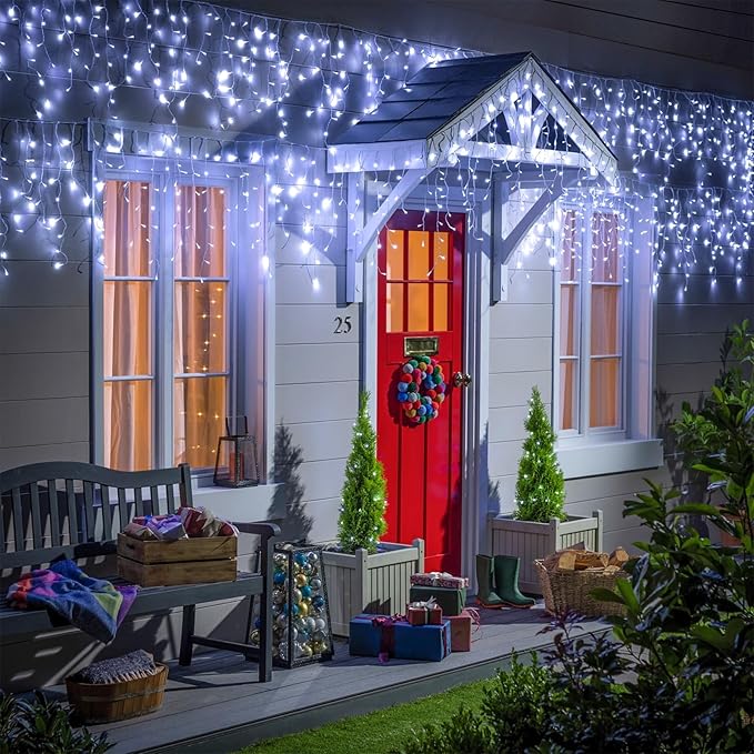 White Christmas Lights Outdoor, 33ft 400 LED Icicle Lights for Outside | Twinkle Lights Plug in 8 Modes Timer Waterproof for House Eaves Patio Window Wedding Party Holiday Decorations, Clear Wire
