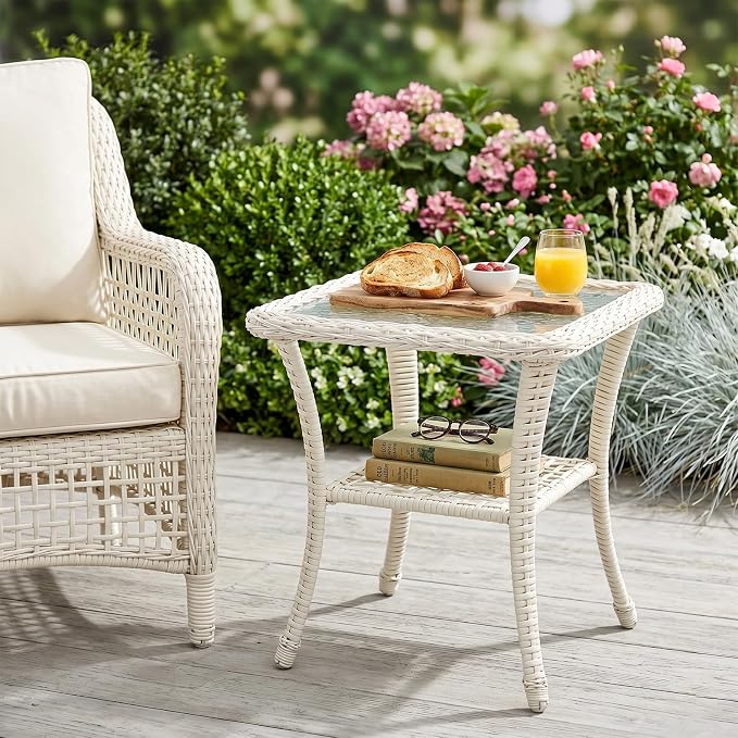 VIVIJASON Outdoor Wicker Side Table, All-Weather Rattan Patio Side Table Bistro Table with 2-Tier Storage, Tempered Glass Top Square End Table for Indoor, Balcony, Garden, Porch, Deck, Cream White