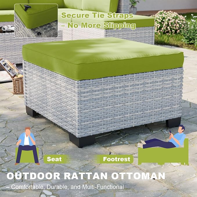 9-Piece Patio Furniture Set, Outdoor with Ottomans, Modular Patio Sofa, Dual-Strand Wicker Rattan, Rust-Resistant Frame, Backyard Furniture for Garden, Deck, Grass Green
