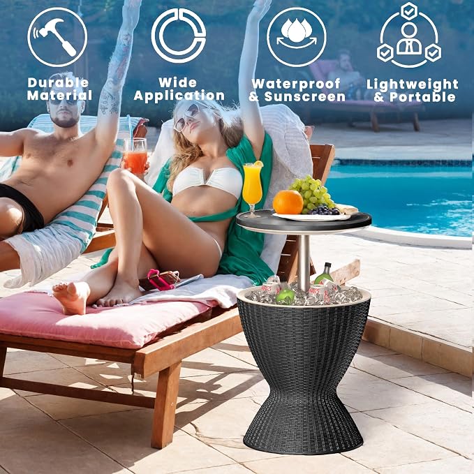 3-in-1 Outdoor Cocktail Table w/Built-in 8Gal Wine Cooler & All-Weather Ice Bucket - Adjustable Patio Bar Height Cooler Table for Poolside, Backyard, Outdoor Bar, Party & Picnic