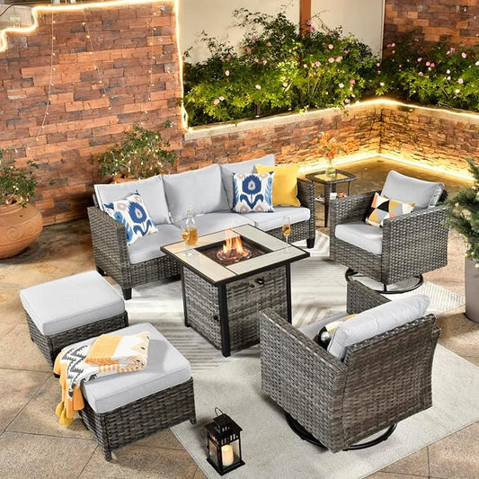 ovios 7 Pieces Patio Furniture Set with Square Fire Pit Table, Swivel Rocking Chairs, Outdoor High Back Wicker Rattan Conversation Set for Deck Porch, Grey