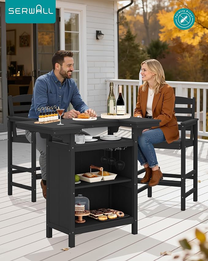 SERWALL Outdoor Bar Table,Patio Bar Cabinet with 4-Tier Storage and Spacious Tabletop for Outside,Poolside, Backyard,Made of HDPE,Black