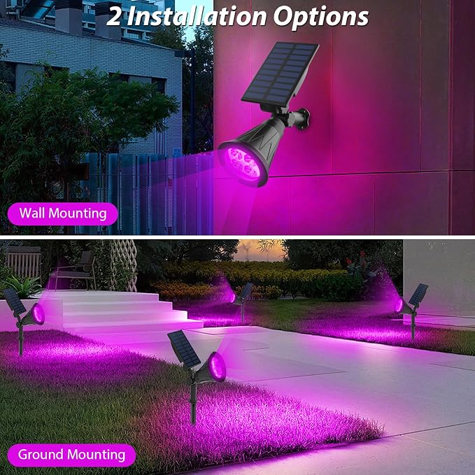 T-SUN [2 Pack] LED Solar Spotlights, Waterproof Outdoor Security Landscape Lamps, Auto-on/Auto-Off by Day, 180 Angle Adjustable for Tree, Patio, Yard, Garden, Driveway, Stairs, Pool Area(Purple) | 4 LEDs, 2 Lighting Modes, IP65 Waterproof Dusk to Dawn ...