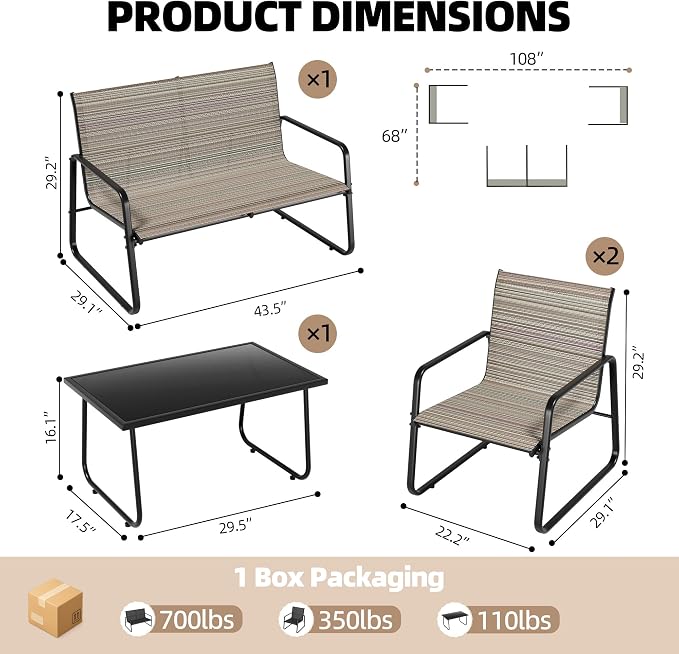 ALAULM 4 Pieces Outdoor Patio Furniture Set, Metal Patio Conversation Set with Easy Assembly Textilene Chairs & Glass Coffee Table for Garden, Backyard, Porch, Poolside-Brown