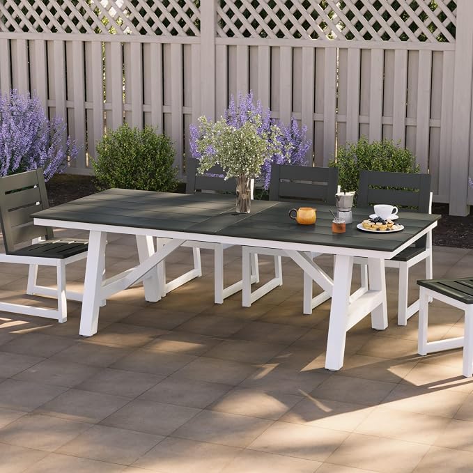 Costaelm Rectangle Patio Table, 8-Person Backyard Table 90" HDPE Dining Table with Umbrella Hole and Metal Frame for Outside, Garden, Poolside, Deck, Porch, Balcony, Gray