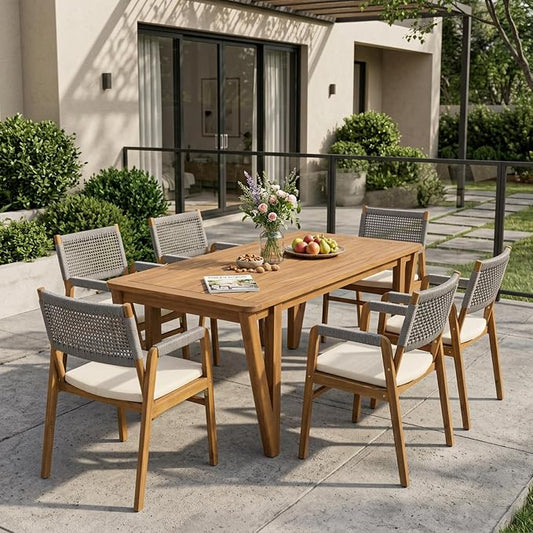 Christopher Knight Home Terri Acacia Wood Patio Dining Set for 6, Solid Wood Outdoor Dining Table Set for 6, 7 Piece Outdoor Dining Set with Rectangular Table and Woven Rope Accents, Teak+Beige+Grey
