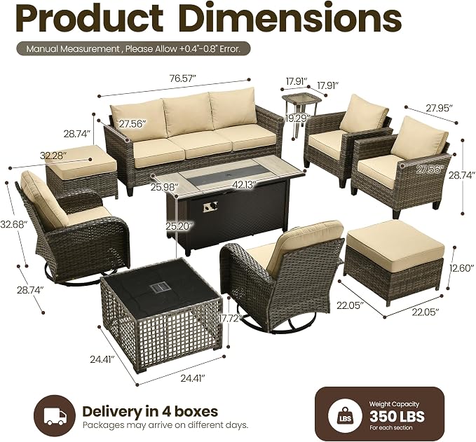 10 Piece Wicker Patio Furniture Set with Firepit, Beige | High Back Swivel Rocker Chairs, 54-inch Fire Pit, Outdoor Sofa Ottoman Solar Lights Table, Conversation Sets, Deck Backyard