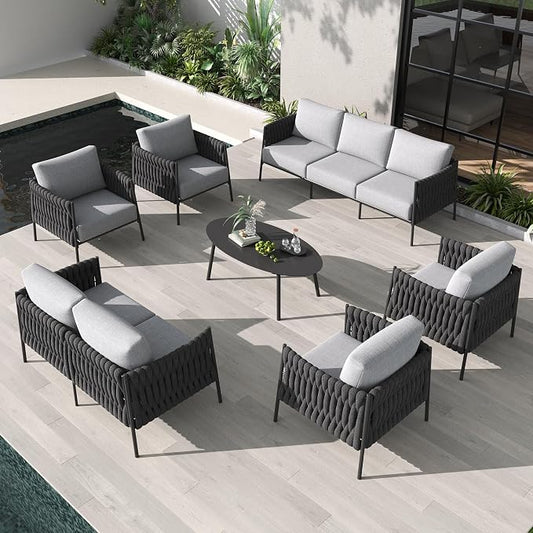 LayinSun 7 Piece Outdoor Furniture Set with Coffee Table, Modern Rope Woven Patio Conversation Sofa Set with Olefin Braid and Deep Seating